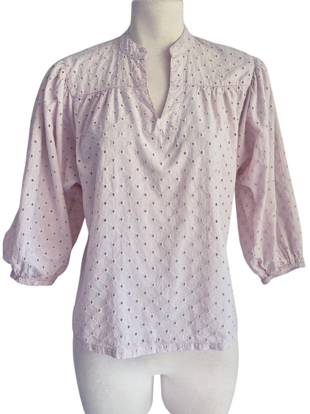 Badgley Mischka Cottagecore Eyelet Top Pale Pink Split V-Neck Balloon Sleeves XS